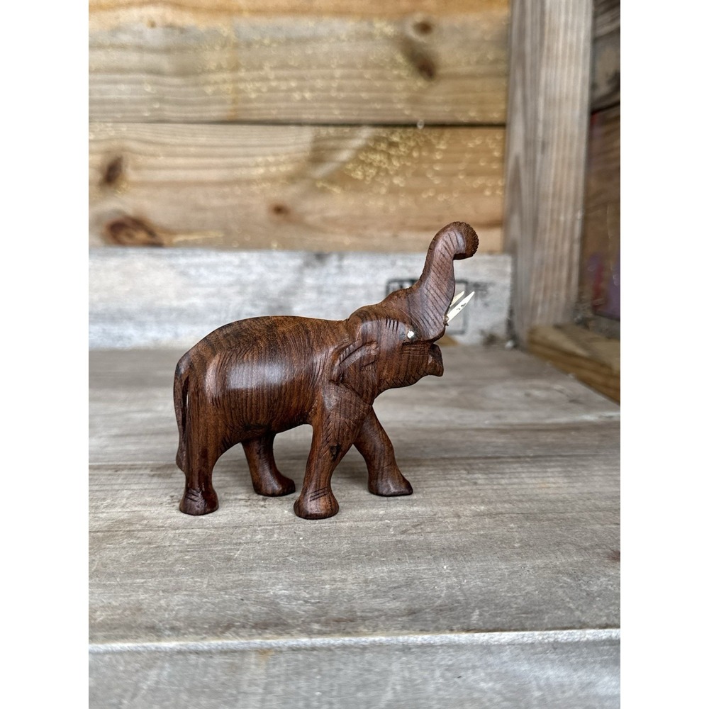 Solid Wood Vintage Elephant With Hand Carved Tusks And Inlaid Eyes‎ Trunk Up